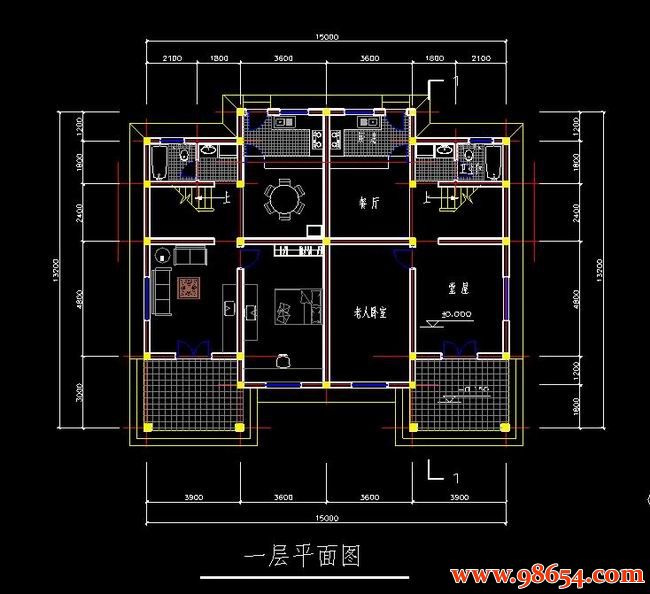 首层面积198平方米2层双拼别墅设计施工图一楼平面图