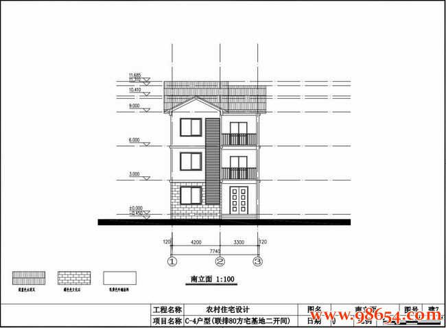 首层面积80平方米3层新农村别墅全套正立面图