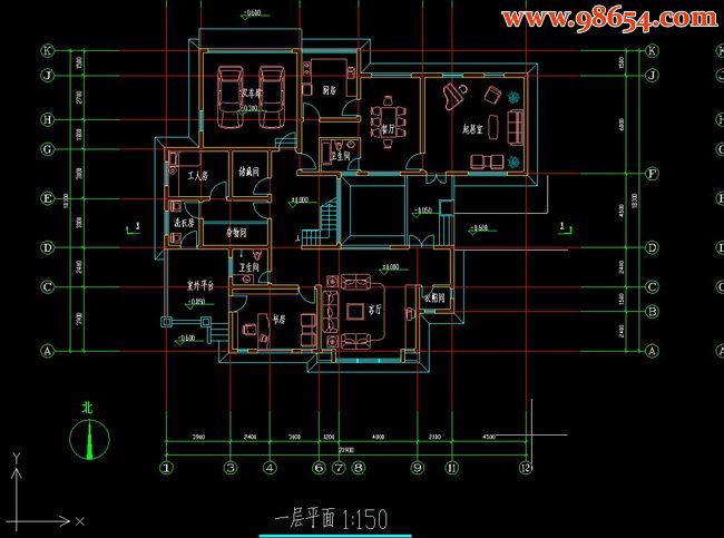 两层5室3厅4卫别墅建筑施工图一楼平面图