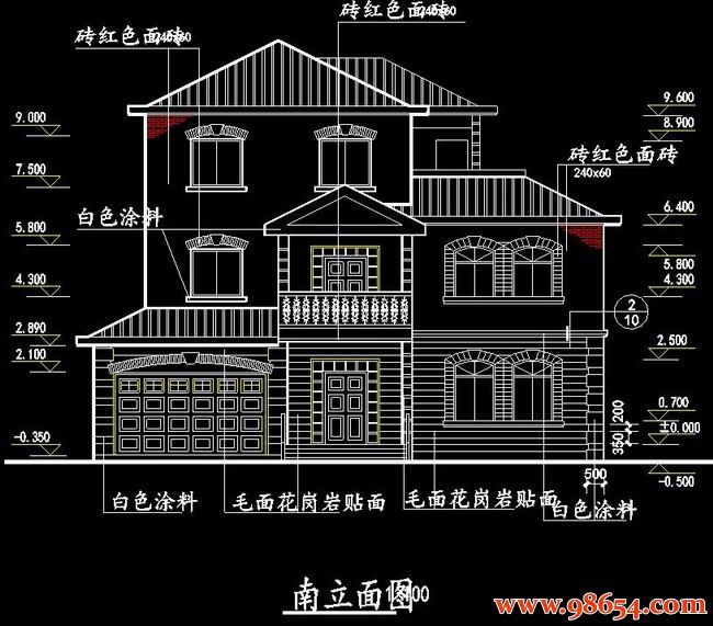 首层面积167平方米3层4室3厅4卫安徽某农村别墅施工图正立面图