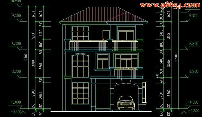 三层小别墅CAD图正立面图