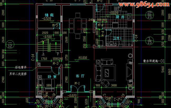 江南某地三层独立小住宅建筑施工图一楼平面图