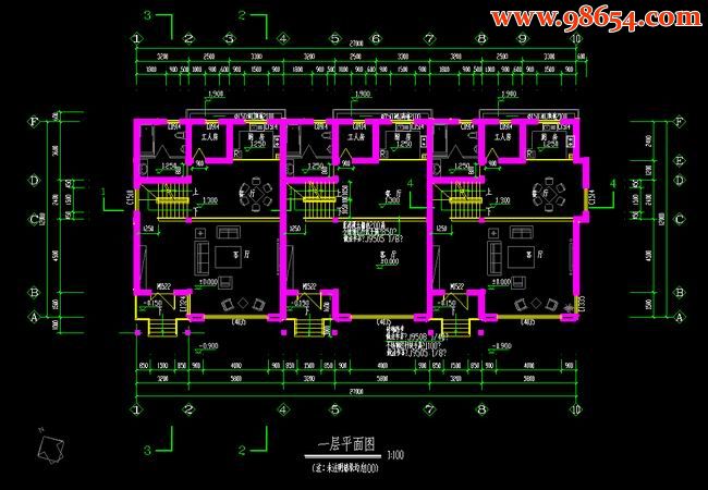 首层100平米2层联排3户别墅建筑施工图一楼平面图