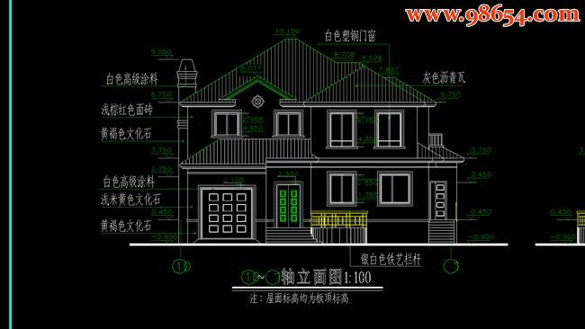 两层4室2厅4卫沿湖别墅设计施工图正立面图