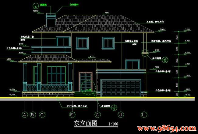 首层面积260平方米3层别墅设计施工图正立面图