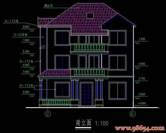 首层面积150平方米3层别墅建筑施工图正立面图