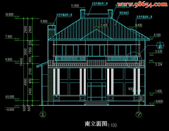 首层180平米2层春天花园别墅正立面图