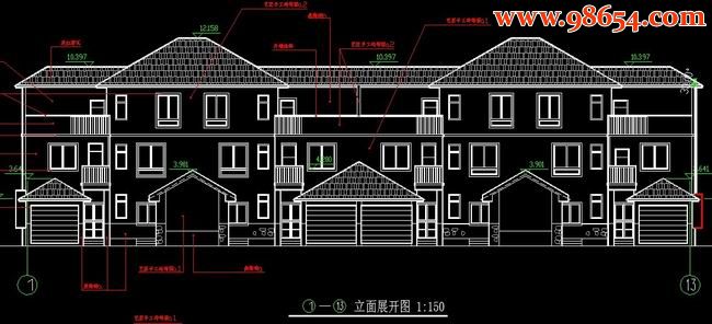 三层联排别墅设计CAD图正立面图