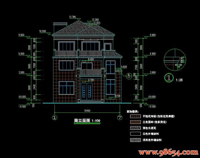 建筑面积410平方米3层8室3厅6卫独栋别墅设计图正立面图