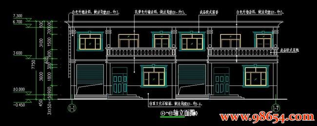 首层面积218平方米两层单套三室三厅两卫双拼别墅施工图正立面图