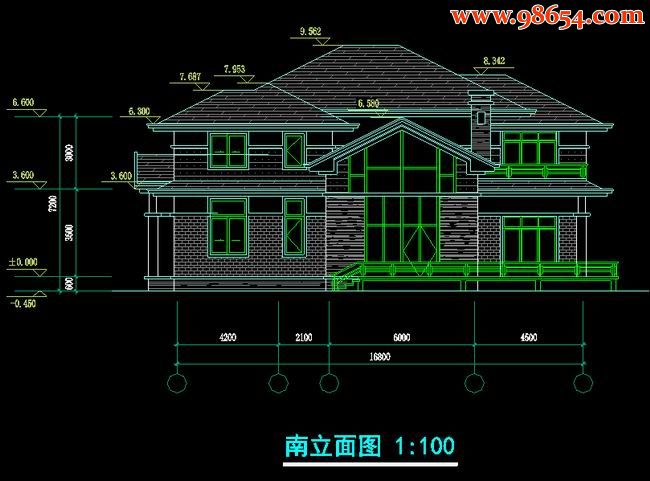 两层5室3厅5卫望江别墅施工图正立面图