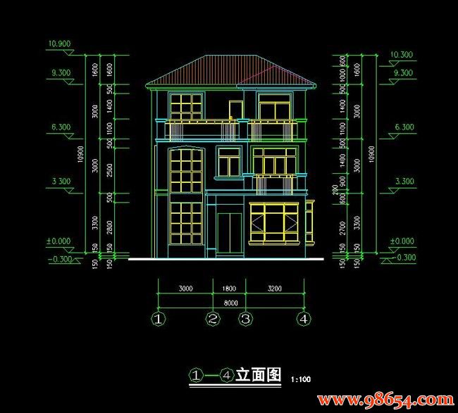 首层面积92平方米3层4室3厅4卫新农村别墅设计施工图正立面图