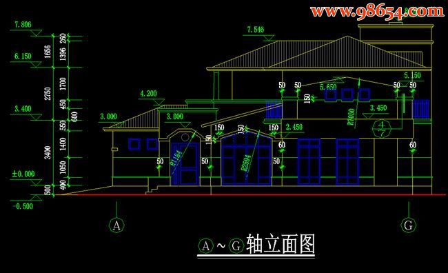 首层255平方米2层开阔型别墅施工图正立面图