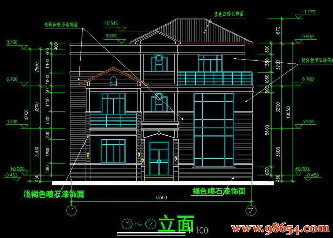 首层面积193平方米3层别墅施工图正立面图