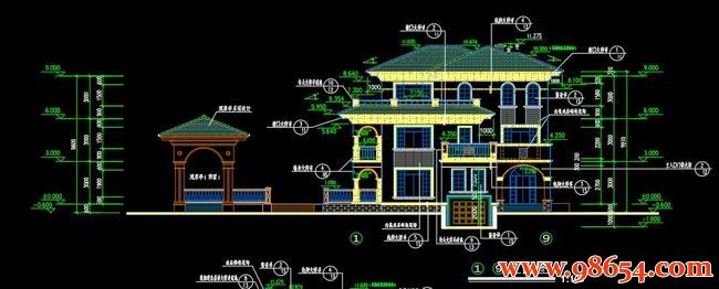 首层面积231平方米3层新农村自建别墅全套设计图正立面图