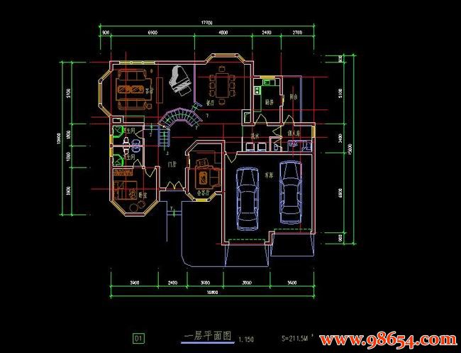 首层面积211平方米2层带地下室别墅设计方案一楼平面图