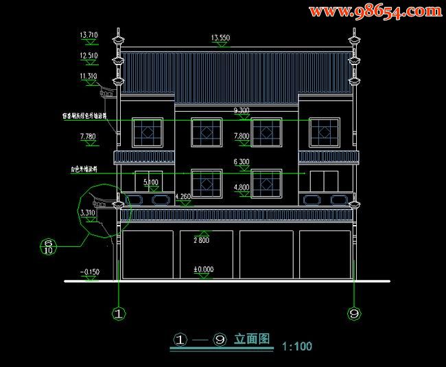 三层4室4厅4卫商住套房(带阁楼)徽派风格建筑CAD图纸正立面图