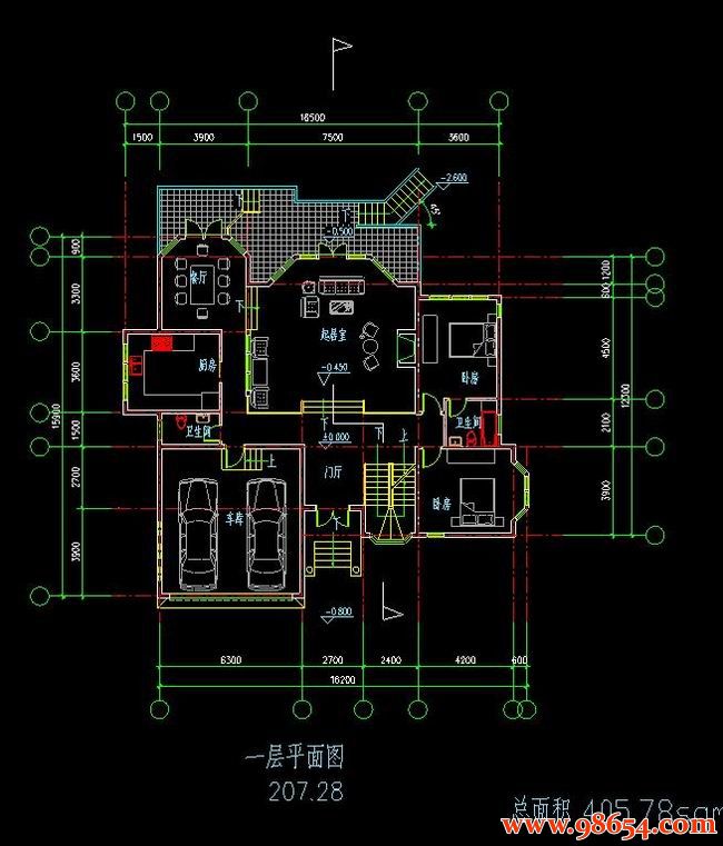 首层面积199平方米2层乡村别墅设计施工图一楼平面图