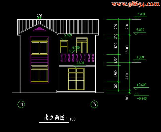 首层面积76平方米2层农村住宅施工图正立面图