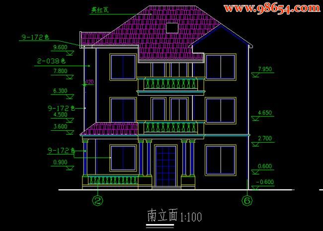 首层150平方米3层别墅建筑施工图正立面图