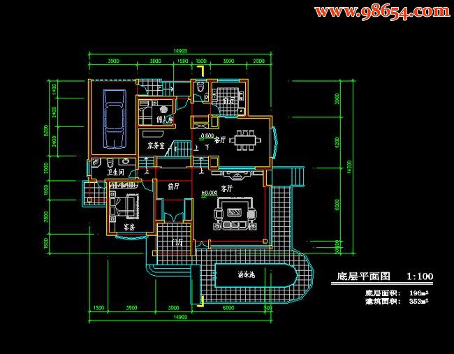 首层211平方米2层独立B型别墅户型一楼平面图