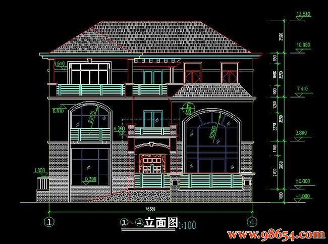 首层面积288平方米3层郊区豪华别墅施工图正立面图