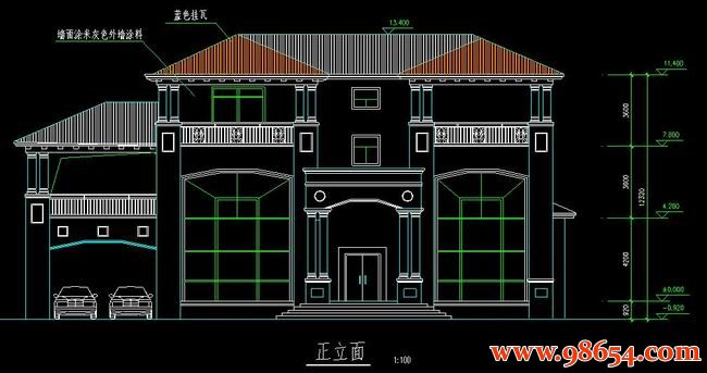 首层面积493平方米3层别墅设计施工图正立面图