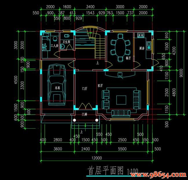 首层面积108平方米3层乡村独栋自建别墅一楼平面图