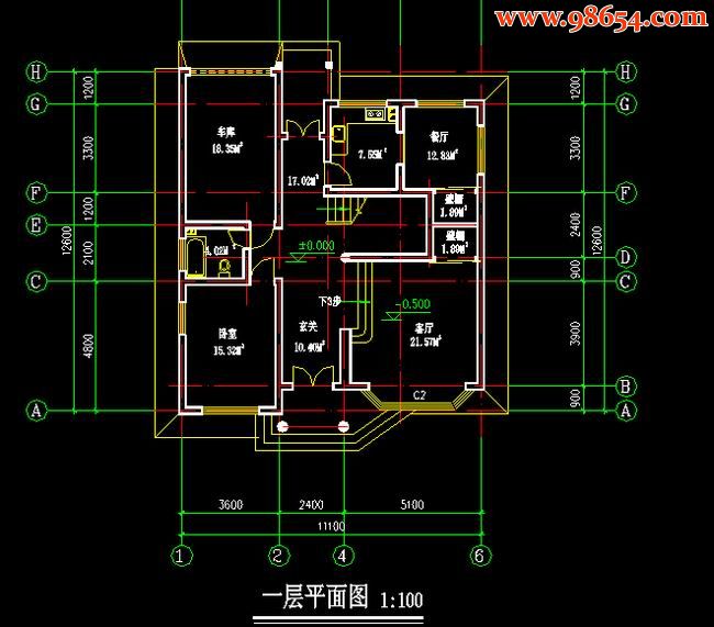 两层3室2厅3卫农村改造别墅施工图一楼平面图