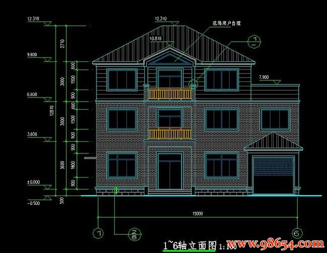 首层面积167平方米3层别墅设计施工图正立面图