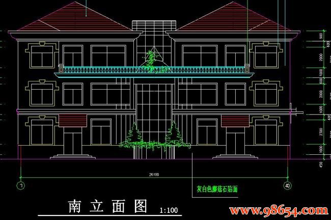 首层面积335平方米3层北方豪华别墅建筑施工图正立面图