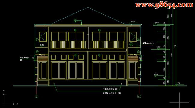 两层带地下室双拼别墅建筑施工图正立面图