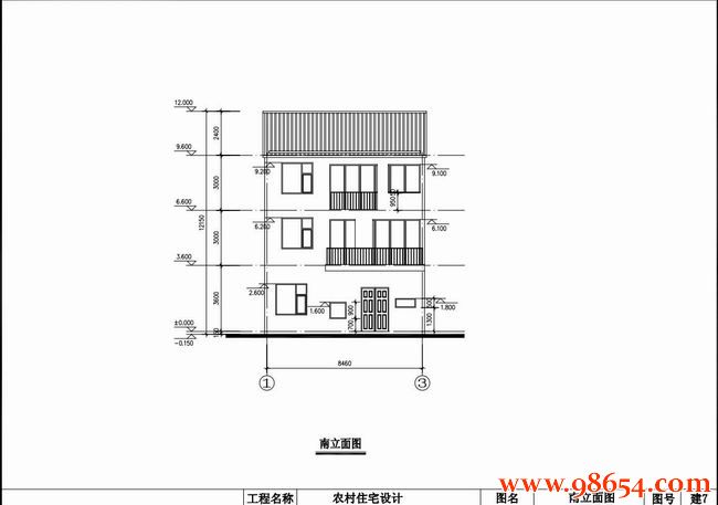 首层面积80平方米3层农村住宅全套设计正立面图