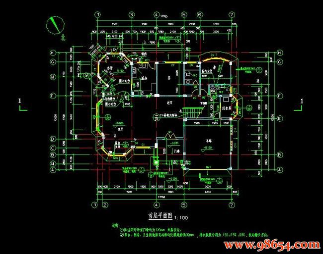 首层面积274平方米2层别墅建筑施工图一楼平面图