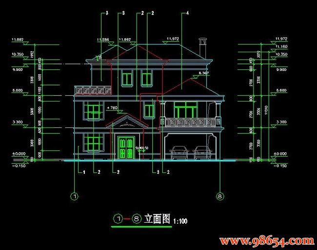 首层面积246平方米3层独栋别墅施工图正立面图