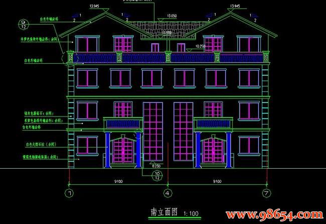 首层面积187平方米3层双拼别墅设计建筑图正立面图