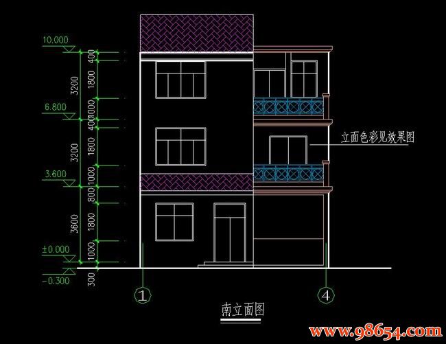 首层面积90平方米3层农村住宅施工图正立面图