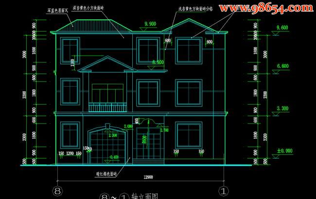 三层6室2厅4卫私人住宅设计施工图正立面图