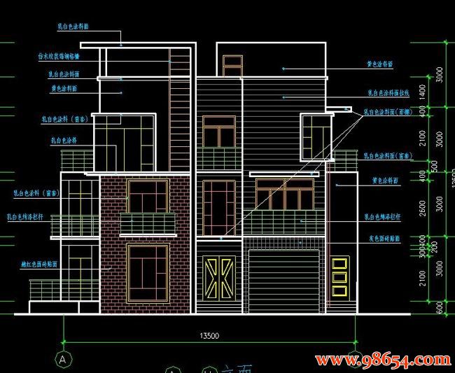 首层面积194平方米3层独体别墅建筑施工图正立面图