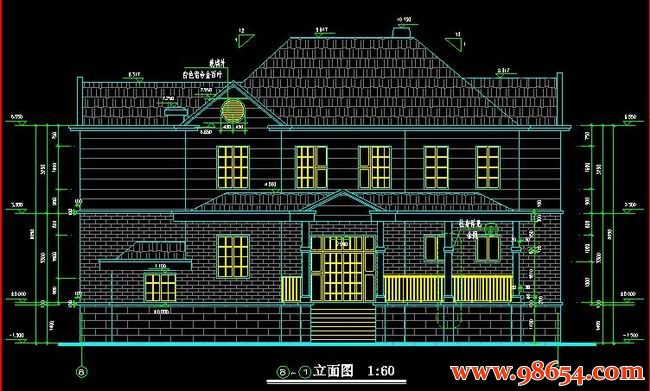 首层面积269平方米2层带地下室别墅设计施工图正立面图