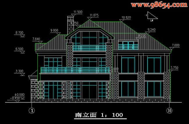 三层474平米自建别墅设计详图正立面图