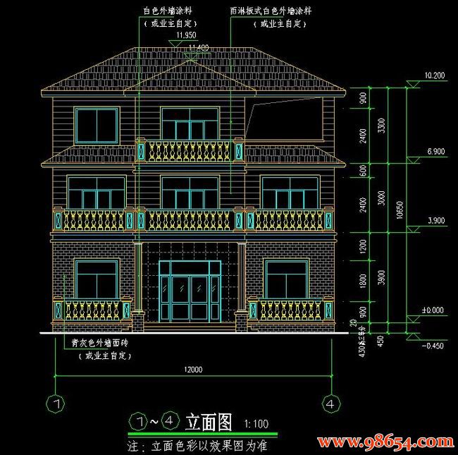 首层面积115平方米3层别墅建筑设计施工图正立面图