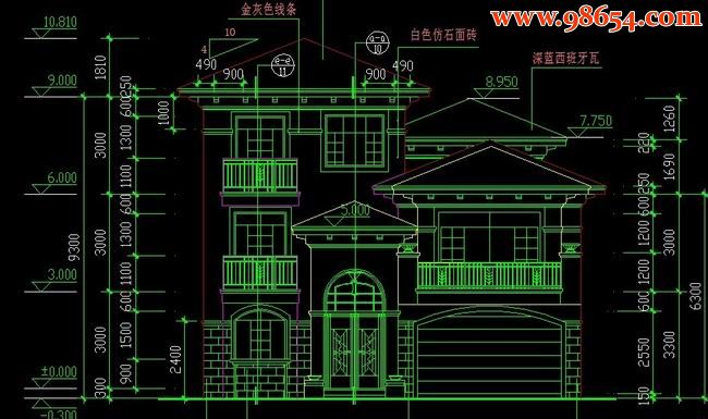 欧式二层别墅CAD图 正立面图