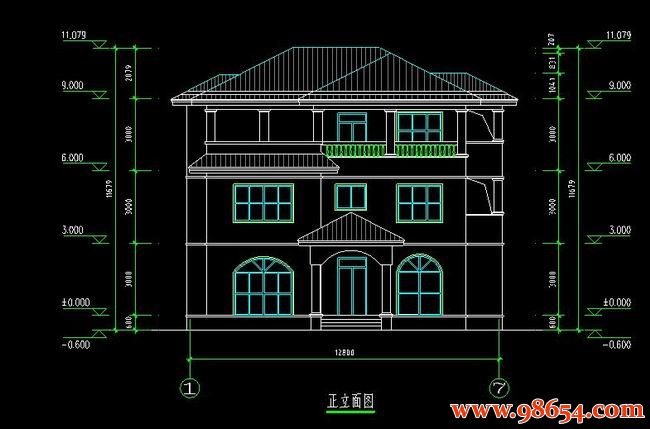 首层面积139平方米3层自建独栋别墅施工图正立面图