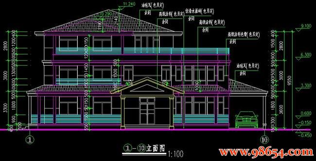 首层面积351平方米3层独栋别墅CAD设计正立面图