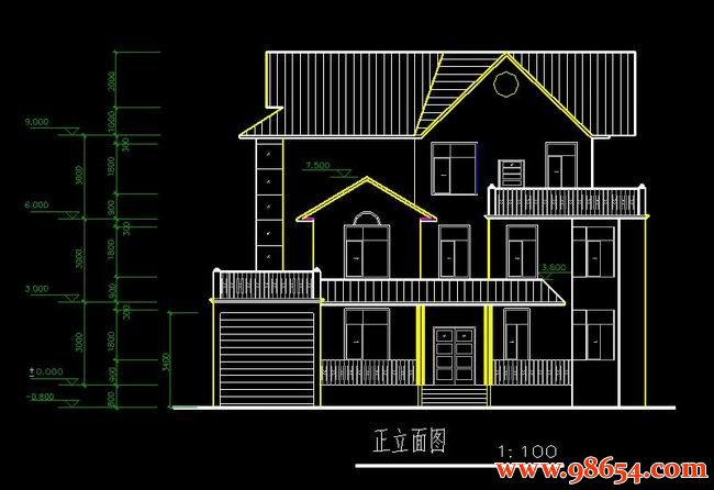 首层面积201平方米3层别墅的方案正立面图