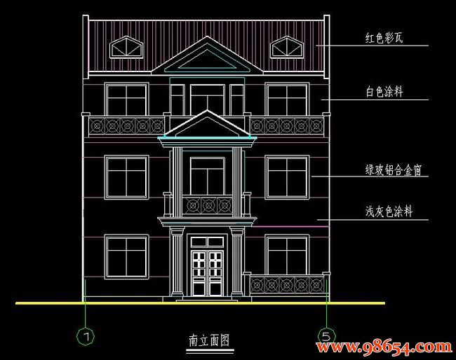 首层面积109平方米3层农村别墅设计施工图正立面图