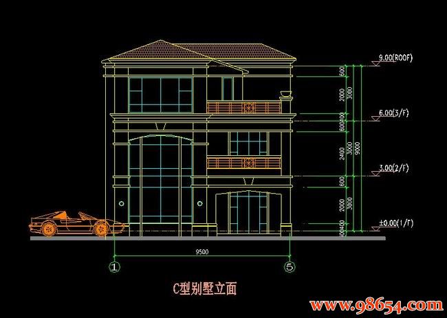 首层面积126平方米3层C型别墅CAD图纸正立面图