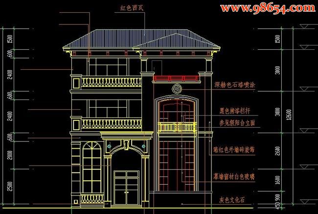 农村三层实用性别墅CAD施工图正立面图