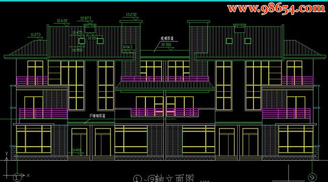 三层210平米小型联排别墅施工图正立面图